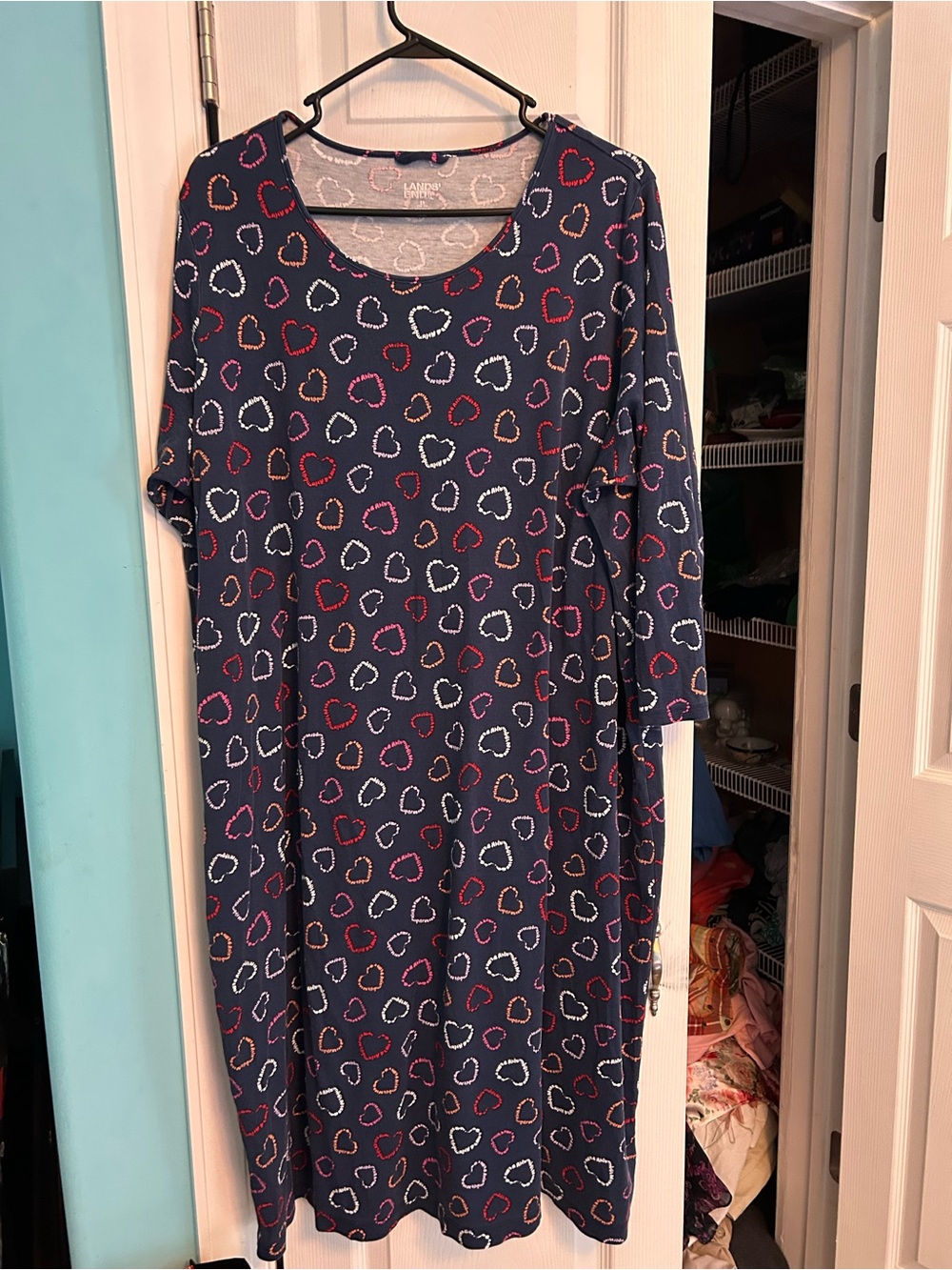 Lands' End Navy Midi Dress with Pink, Red & White Heart Print